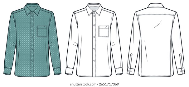 Long Sleeve Shirt Technical Fashion Illustration, polka dot design. Collar Shirt fashion flat technical drawing template, front and back view, white, teal, women, men, unisex fashion CAD mockup set.