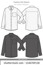 LONG SLEEVE SHIRTS FASHION FLAT SKETCHES technical drawings teck pack Illustrator vector template