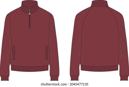 Long sleeve with Short zip fleece jacket overall technical fashion Flat sketch Vector illustration template Front, back views. Apparel Sweater Jacket Red color mock up CARD. Easy edit, customizable.