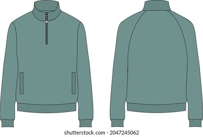 Long sleeve with Short zip fleece jacket overall technical fashion Flat sketch Vector illustration template Front, back views. Apparel Sweater Jacket Light green color mock up CAD isolated on white.