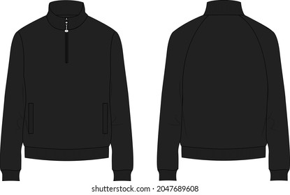 Long sleeve with Short zip fleece jacket overall technical fashion Flat sketch Vector illustration template Front, back views. Apparel Sweater Jacket Light Black color mock up CAD isolated on white.
