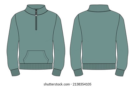 Long sleeve with Short zip fleece jacket overall technical fashion Flat sketch Vector illustration template Front, back views. Apparel Sweater Jacket Green Color mock up CAD.
