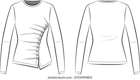 Long Sleeve Side Pleated Button T-Shirt
