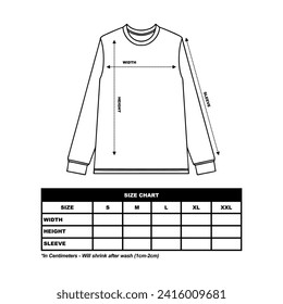 Long Sleeve Size Chart, fashion clothing vector illustration