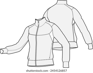 Long sleeve slim track jacket design vector illustration, full zip track top bomber, angled front and back view