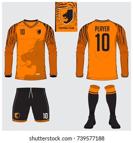 Long sleeve soccer jersey or football kit, short, sock template for sport club. Tiger stripes football t-shirt mock up. Front, back view soccer uniform. Flat football logo label. Vector Illustration.