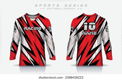 Long sleeve soccer jersey mockup for football club. Motocross jersey, racing jersey for sublimation uniform front and back view