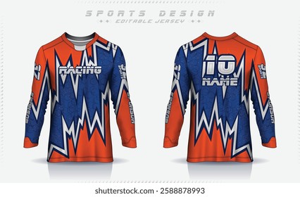 Long sleeve soccer jersey mockup for football club. Motocross jersey, racing jersey for sublimation uniform front and back view