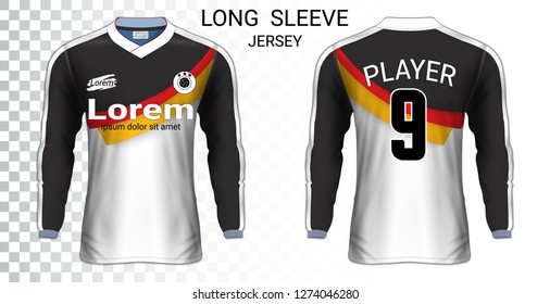 Long sleeve soccer jerseys, T-Shirt sport mockup template, Realistic graphic design for Football Uniform, Goalkeeper, Motocross, Unisex Cycling, etc, Easily to change logo, name, color in your styles.