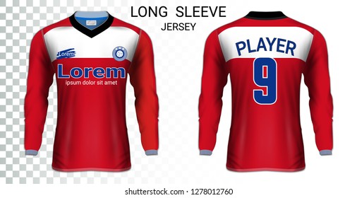 Long sleeve soccer jerseys, T-Shirt sport mockup template, Realistic graphic design for Football Uniform, Goalkeeper, Motocross, Unisex Cycling, etc, Easily to change logo, name, color in your styles.