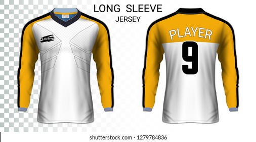 Long sleeve soccer jerseys, T-Shirt sport mockup template, Realistic graphic design for Football Uniform, Goalkeeper, Motocross, Unisex Cycling, etc, Easily to change logo, name, color in your styles.