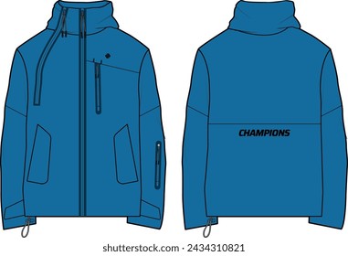 Long sleeve soft Shell tech jacket design flat sketch Illustration, jacket with Zipper front and back view, Anorak winter jacket for Men and women. for training, Running and workout in winter.