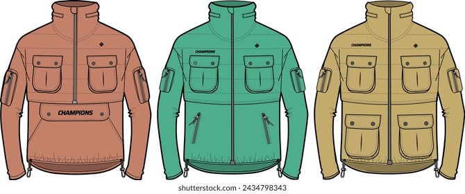 Long sleeve soft Shell tech jacket design flat sketch Illustration, jacket with Zipper front and back view, Anorak winter jacket for Men and women. for training, Running and workout in winter.