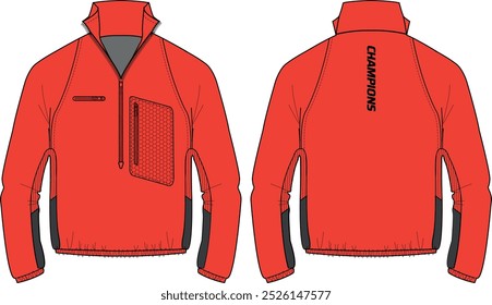 Long sleeve soft Shell tech jacket design flat sketch Illustration, jacket with Zipper front and back view, Anorak winter jacket for Men and women. for training, Running and workout in winter.