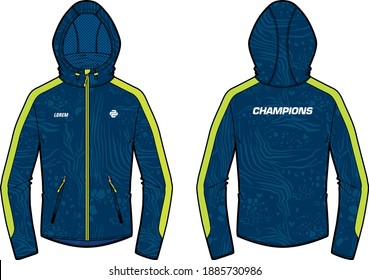 Deportes de manga larga Modelo de diseño de chaqueta de Hoodie en vectores, concepto de chaqueta de casaca de encaje deportivo con visión frontal y trasera, chaqueta de invierno de carpa para hombres y mujeres. para entrenamiento, carreras y entrenamiento en invierno.