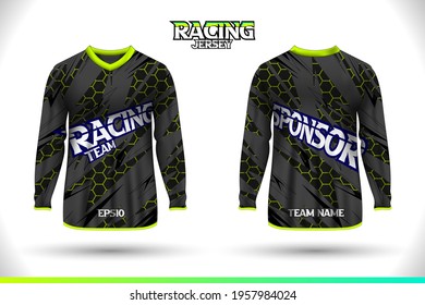 Long sleeve sports racing suit. Front back t-shirt design. Templates for team uniforms. Sports design for football, racing, gaming jersey. Vector.