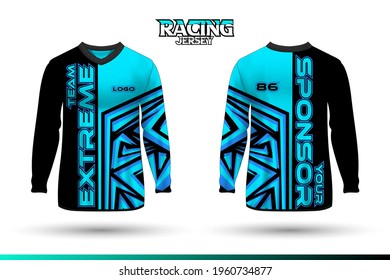 Long sleeve sports racing suit. Front back t-shirt design. Templates for team uniforms. Sports design for football, racing, gaming jersey. Vector.