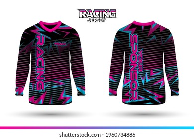 Long sleeve sports racing suit. Front back t-shirt design. Templates for team uniforms. Sports design for football, racing, gaming jersey. Vector.