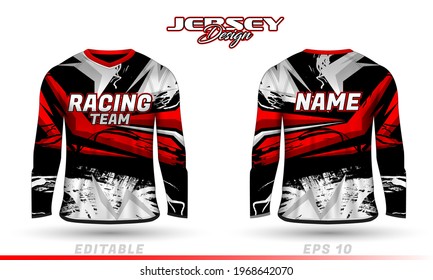 Long Sleeve Sports Racing Suit. Front Back T-shirt Design. Templates For Team Uniforms. Sports Design For Football, Racing, Cycling, Gaming Jersey. Vector.