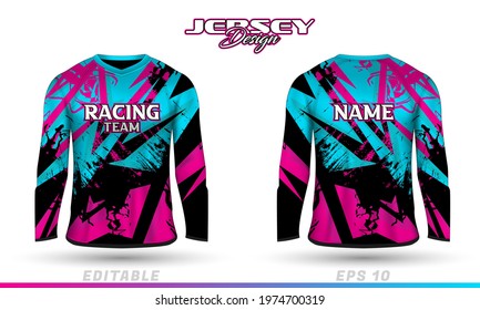 Long sleeve sports racing suit. Front back t-shirt design. Templates for team uniforms. Sports design for football, racing, cycling, gaming jersey. Vector.