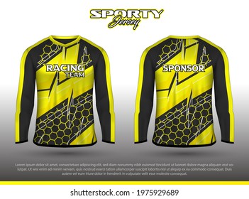 Long sleeve sports racing suit. Front back t-shirt design. Templates for team uniforms. Sports design for football, racing, cycling, gaming jersey. Vector.