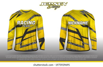 Long sleeve sports racing suit. Front back t-shirt design. Templates for team uniforms. Sports design for football, racing, cycling, gaming jersey. Vector.