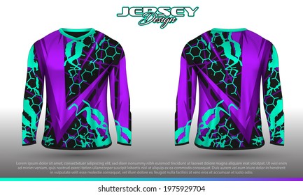 Long sleeve sports racing suit. Front back t-shirt design. Templates for team uniforms. Sports design for football, racing, cycling, gaming jersey. Vector.