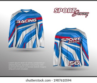 Long Sleeve Sports Racing Suit. Front Back T-shirt Design. Templates For Team Uniforms. Sports Design For Football, Racing, Cycling, Gaming Jersey. Vector.