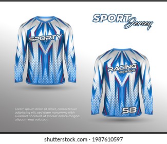 Long sleeve sports racing suit. Front back t-shirt design. Templates for team uniforms. Sports design for football, racing, cycling, gaming jersey. Vector.