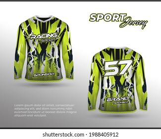 Long sleeve sports racing suit. Front back t-shirt design. Templates for team uniforms. Sports design for football, racing, cycling, gaming jersey. Vector.