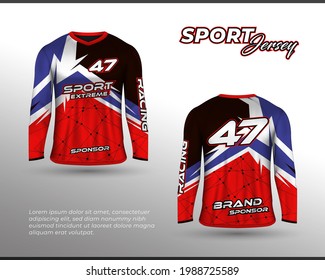 Long sleeve sports racing suit. Front back t-shirt design. Templates for team uniforms. Sports design for football, racing, cycling, gaming jersey. Vector.