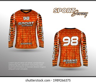 Long sleeve sports racing suit. Front back t-shirt design. Templates for team uniforms. Sports design for football, racing, cycling, gaming jersey. Vector.