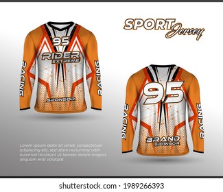 Long sleeve sports racing suit. Front back t-shirt design. Templates for team uniforms. Sports design for football, racing, cycling, gaming jersey. Vector.