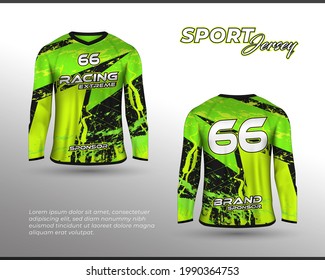 Long sleeve sports racing suit. Front back t-shirt design. Templates for team uniforms. Sports design for football, racing, cycling, gaming jersey. Vector.