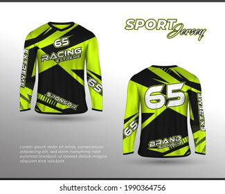 Long sleeve sports racing suit. Front back t-shirt design. Templates for team uniforms. Sports design for football, racing, cycling, gaming jersey. Vector.