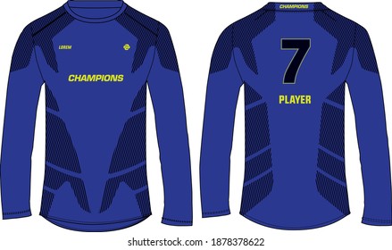 Long sleeve Sports t-shirt jersey design concept vector template, sports jersey concept with front and back view for Soccer, Cricket, Football, Volleyball, Rugby, tennis, badminton uniform.