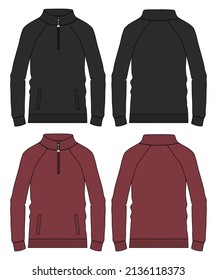Long Sleeve with Stand Up Collar fleece jersey sweatshirt Jacket Technical Fashion flat sketch Vector illustration template Front and back views. Apparel Clothing design Black, Red color Mock up Cad.