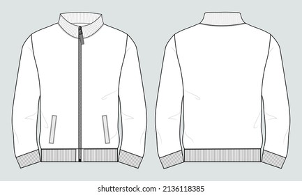 Long Sleeve with Stand Up Collar fleece jersey sweatshirt Jacket Technical Fashion flat sketch Vector illustration template Front and back views. Apparel Clothing design Mock up Cad.