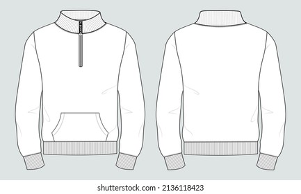 Long Sleeve with Stand Up Collar fleece jersey sweatshirt Jacket Technical Fashion flat sketch Vector illustration template Front and back views. Apparel Clothing design Mock up Cad.