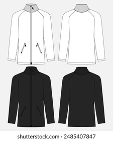 Manga larga con soporte de cuello chaqueta dibujo técnico de la Ilustración vectorial de boceto plano blanco y negro Plantilla de color para las mujeres. Diseño de la ropa maqueta de la tarjeta fácil de editar y personalizable