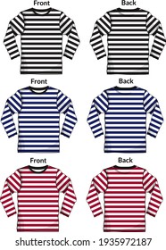 Long Sleeve Stripe Black, Navy Red Color T-shirt Sketch vector illustration template for men. Front and Back View.