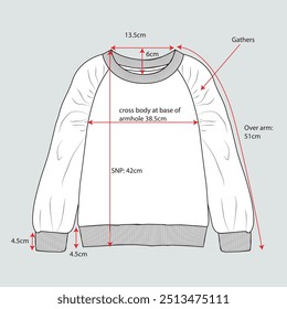 Long sleeve Sweater sweatshirt with measurements details technical drawing fashion flat sketch vector illustration template for ladies.