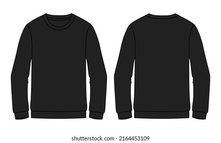 Long sleeve Sweatshirt fashion Flat Sketches technical drawing vector template For men's. Apparel dress design black color mock up CAD illustration. Sweater fashion design isolated on white.
