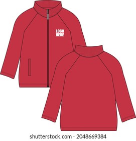 Long sleeve sweatshirt Jacket overall technical fashion flat sketch vector illustration template front and back views. Fleece cotton jersey Apparel clothing Red color mock up for men's and boys.