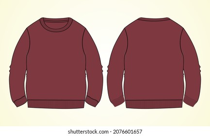 Long sleeve Sweatshirt overall fashion Flat Sketches technical drawing vector template For men's. Apparel dress design red color mock up CAD illustration. Sweater fashion design isolated on off white