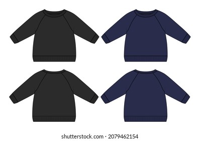 Long Sleeve sweatshirt Overall technical fashion flat sketch vector illustration template for women's. Cotton fleece fabric clothing mock up front and back views. black and navy color Mock up.