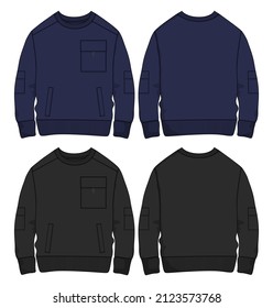 Long sleeve Sweatshirt overall technical fashion Flat Sketches drawing vector template For men's. Apparel dress design Black, Navy Color Sweater illustration   mockup CAD.  