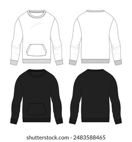 Long sleeve sweatshirt with pocket technical drawing fashion flat sketch vector illustration white and black color template front and back views isolated on white background
