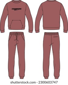 Sudadera de manga larga con pantalones de sudadero jogger diseño de fondo dibujo plano Ilustración, camiseta con vista frontal y posterior de la planta de suéter, camisa de invierno para hombres y mujeres. Ropa de invierno