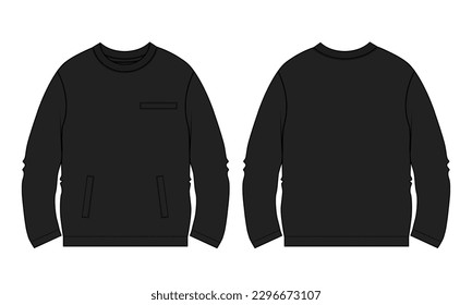 Long sleeve Sweatshirt technical drawing fashion flat sketch vector illustration black Color template front and back views.